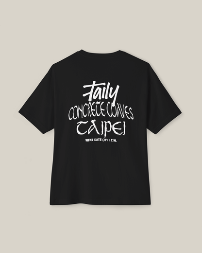 Back view of Taily Concrete Waves Taipei Streetwear Boxy T-Shirt in black featuring bold TAIPEI lettering.