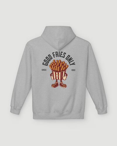 Good Fries Only Retro French Fries Hoodie – Sport Grey back graphic with retro fries character.