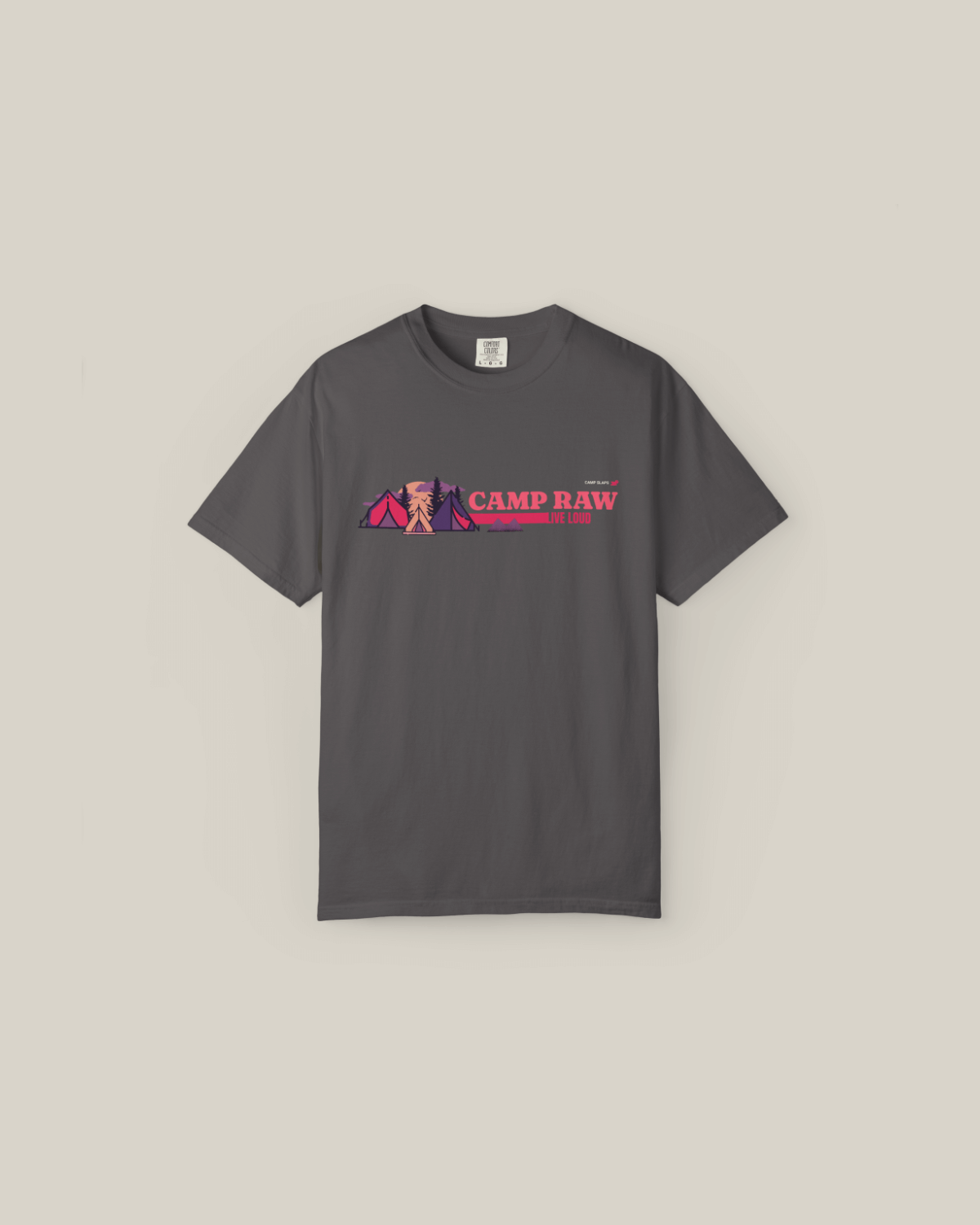 CAMP RAW Tee in gray, featuring colorful outdoor design symbolizing adventure and vibrant nature energy.