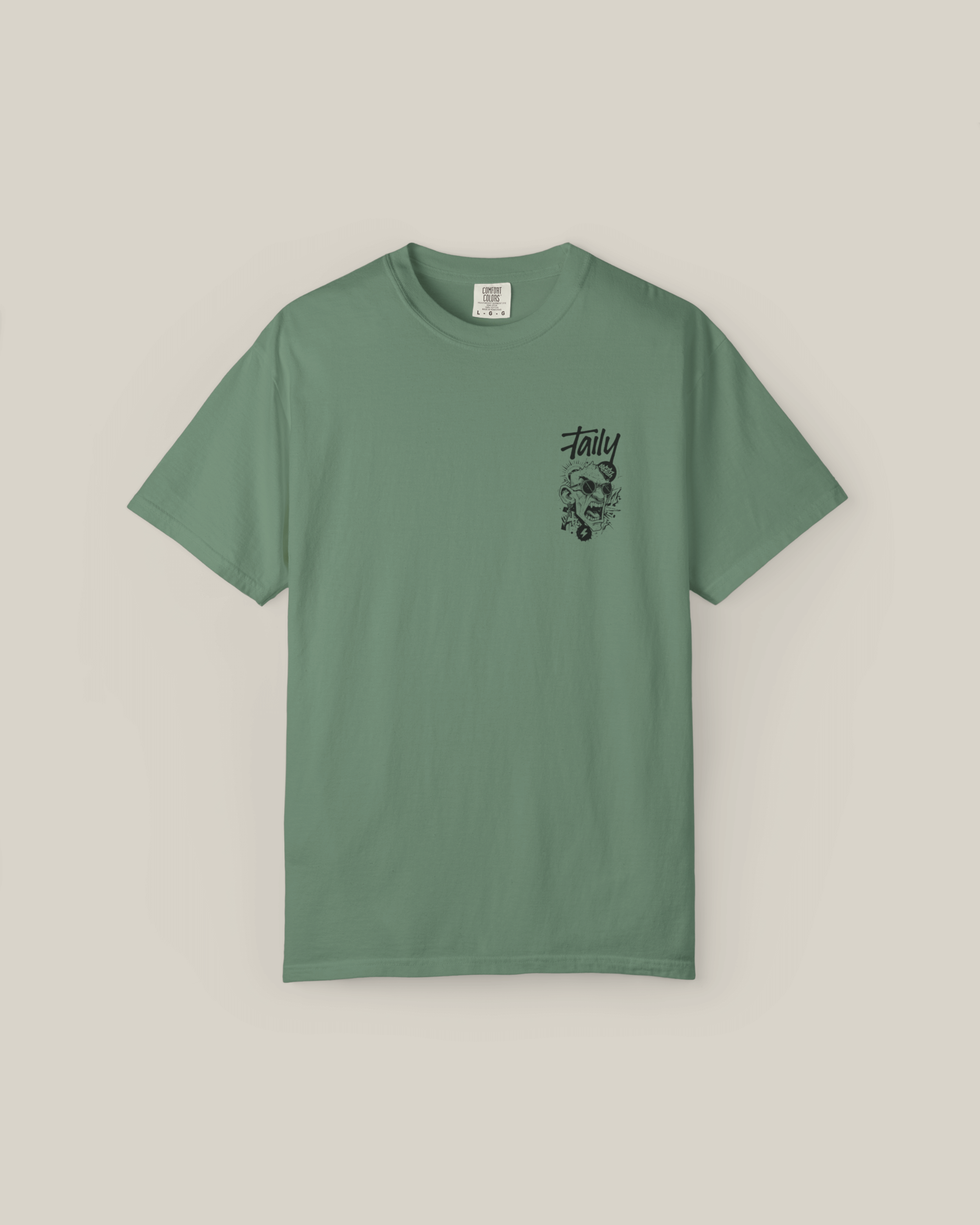 Taily Rage streetwear graphic t-shirt in light green with front logo and striking back print.