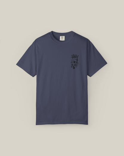 Taily Rage Streetwear Tee in denim colorway, featuring a clean chest logo, shown as a streetwear graphic t-shirt.