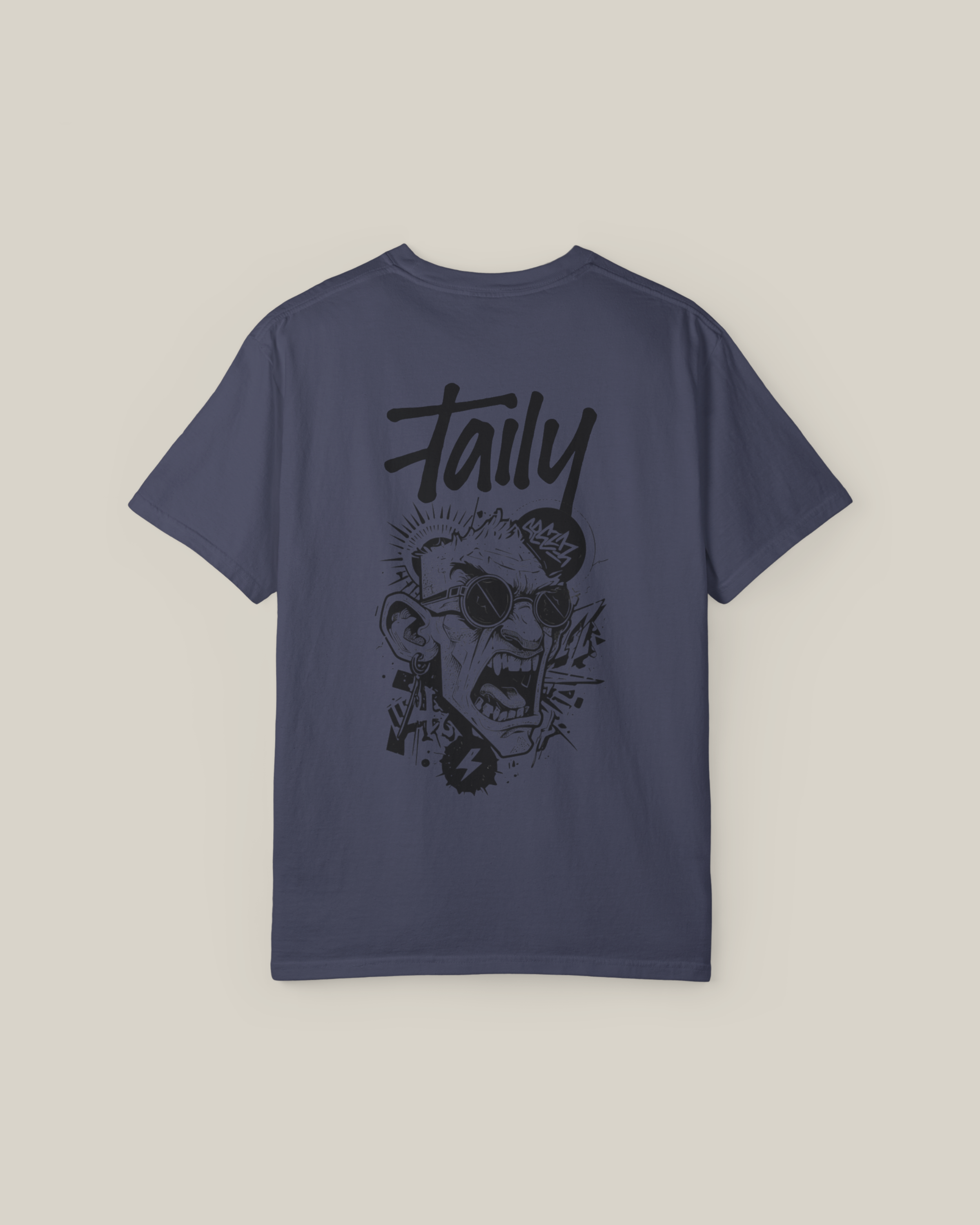 Taily Rage Streetwear Tee in denim colorway, featuring bold graphic artwork on the back and a clean logo, perfect streetwear graphic t-shirt.
