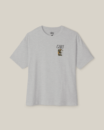 Taily Wonders vintage boxy t-shirt in Athletic Gray with floral portrait design on the front.