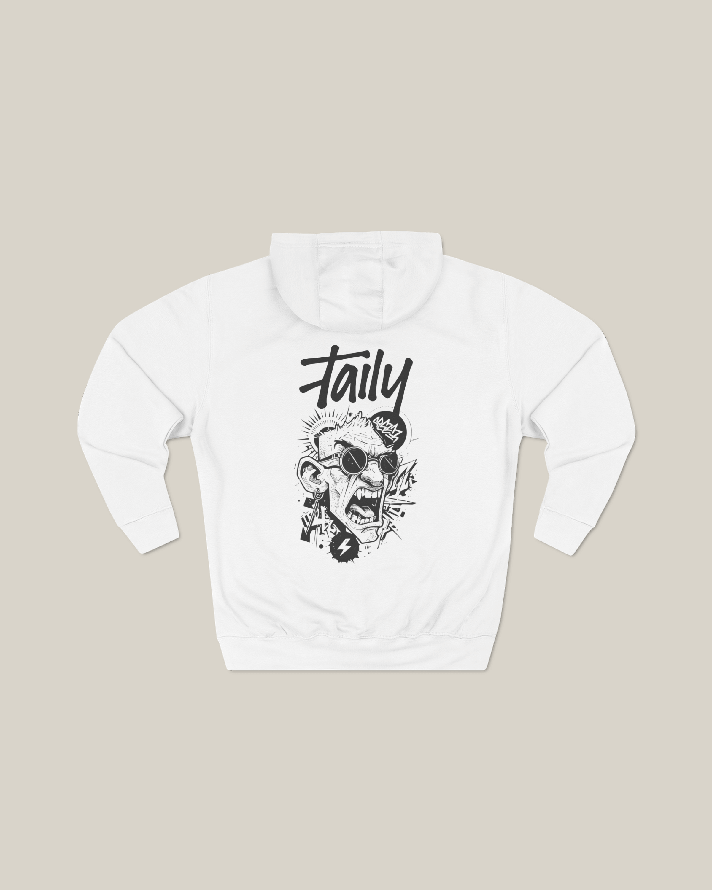 Taily Rage streetwear graphic hoodie white featuring bold artwork on the back and logo on the front.