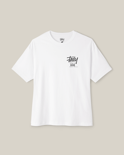 Taily Feel It Real Boxy Tee in white, featuring chest logo, a stylish streetwear boxy t-shirt design.