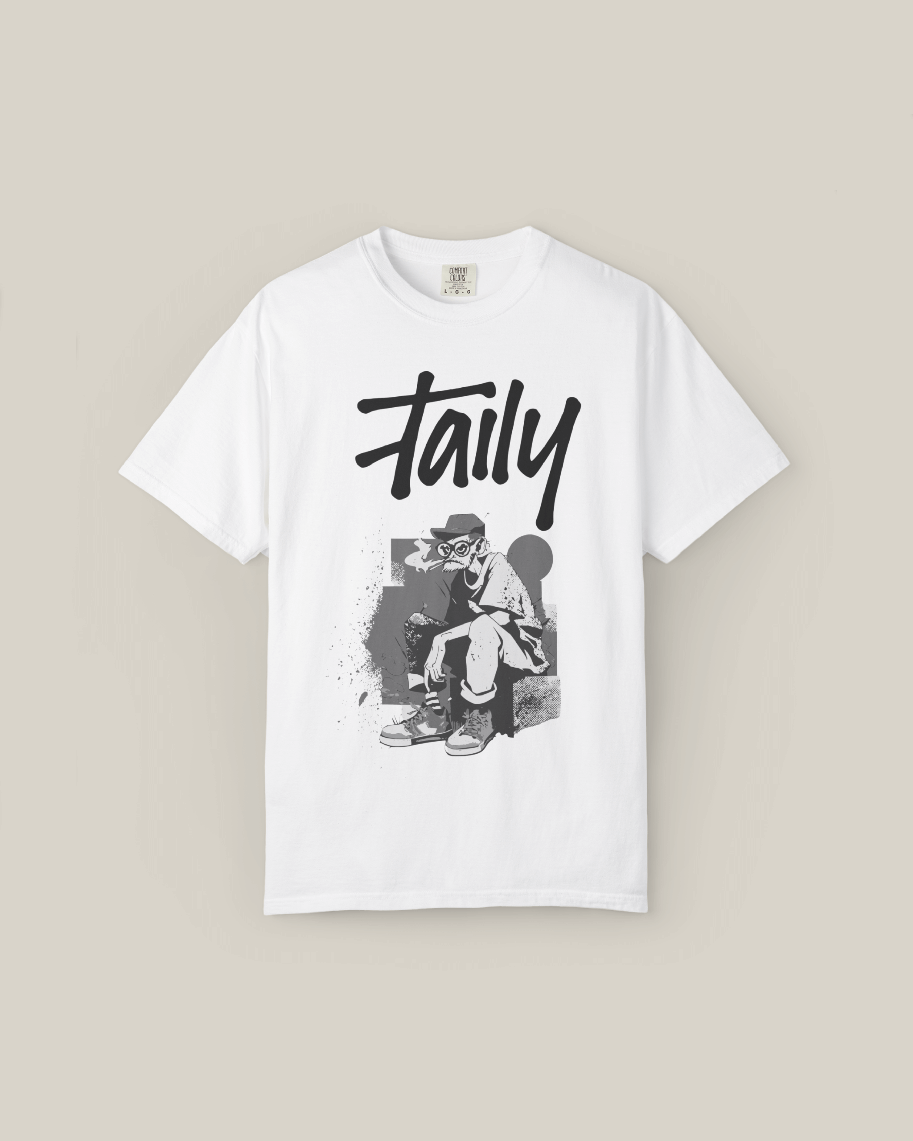 Taily Street Rebel graphic tee in white, a stylish streetwear graphic t-shirt featuring oversized Taily logo.