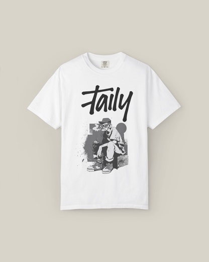 Taily Street Rebel graphic tee in white, a stylish streetwear graphic t-shirt featuring oversized Taily logo.