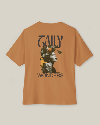 Taily Wonders boxy Tee in toast color showcasing a striking portrait with flowers and butterflies, vintage boxy t-shirt.
