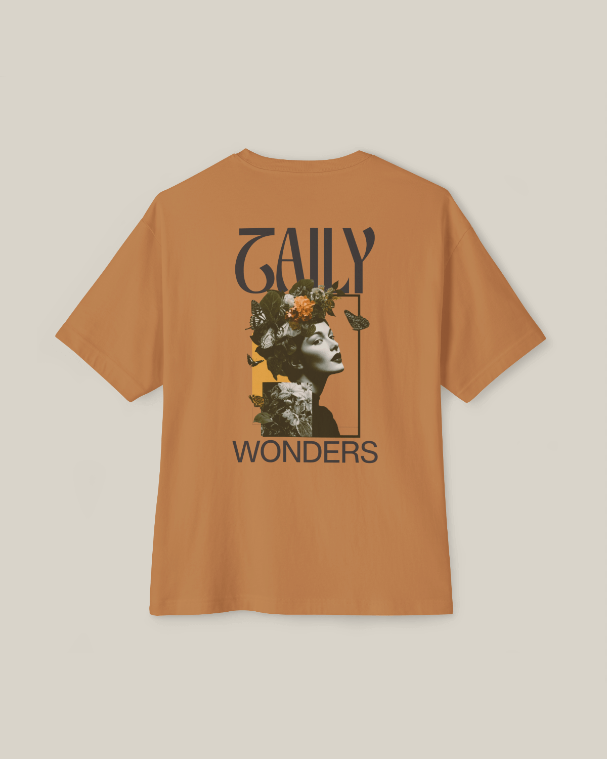 Taily Wonders boxy Tee in toast color showcasing a striking portrait with flowers and butterflies, vintage boxy t-shirt.