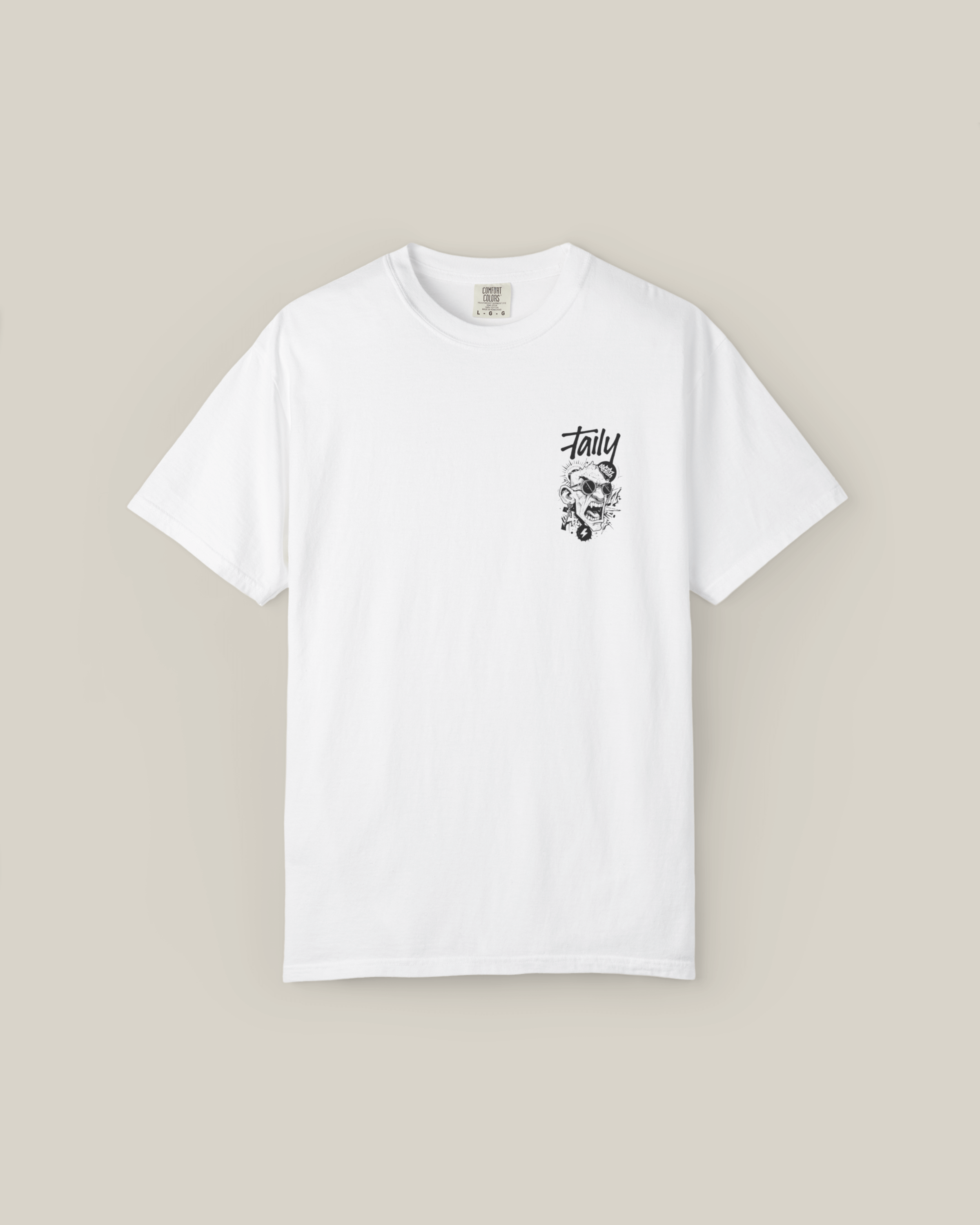 Taily Rage streetwear graphic t-shirt in white with chest logo and graphic print.