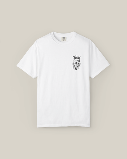 Taily Rage streetwear graphic t-shirt in white with chest logo and graphic print.