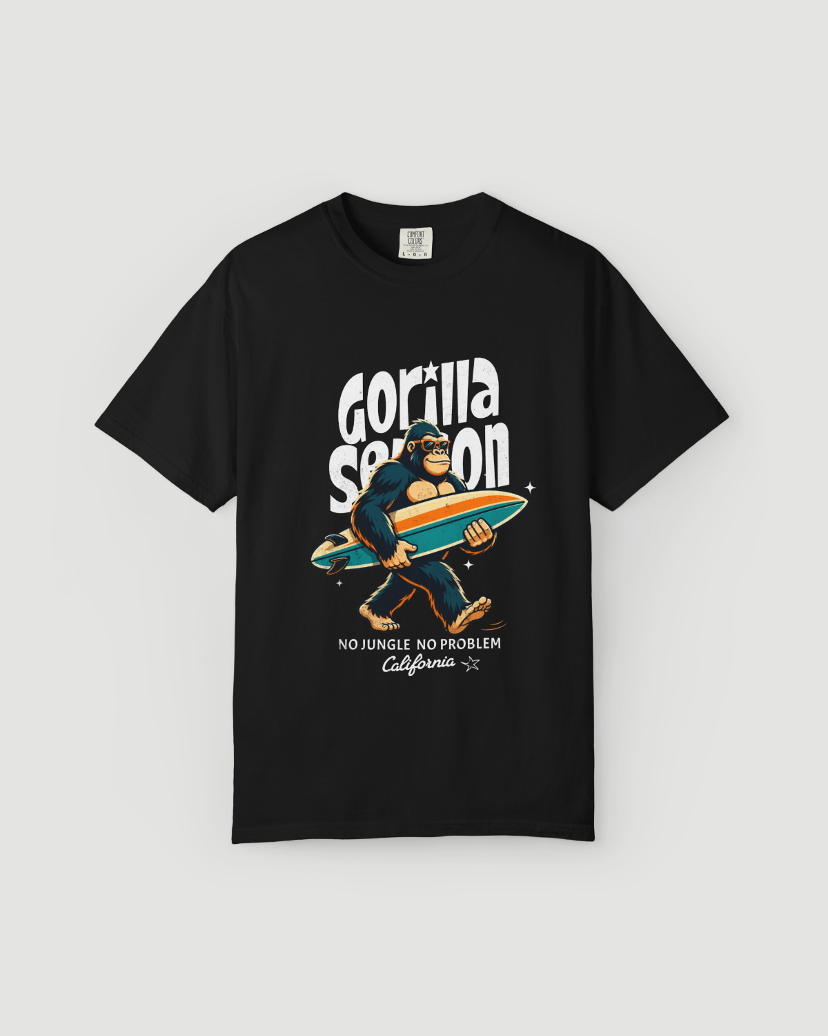 Gorilla Season Surf Tee – Black featuring a laid-back gorilla with surfboard and bold California graphic.