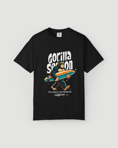 Gorilla Season Surf Tee – Black featuring a laid-back gorilla with surfboard and bold California graphic.