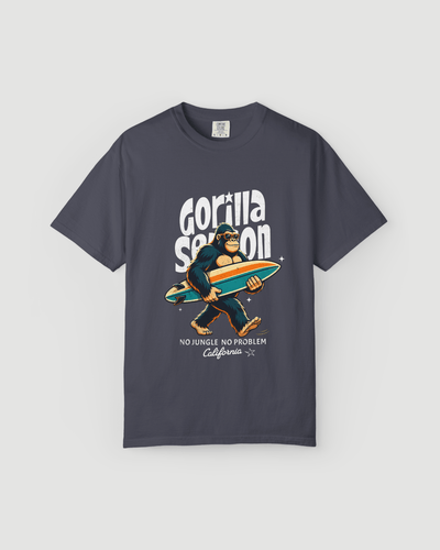 Gorilla Season Surf Tee – Navy featuring a laid-back gorilla with surfboard and surf graphic in California style.