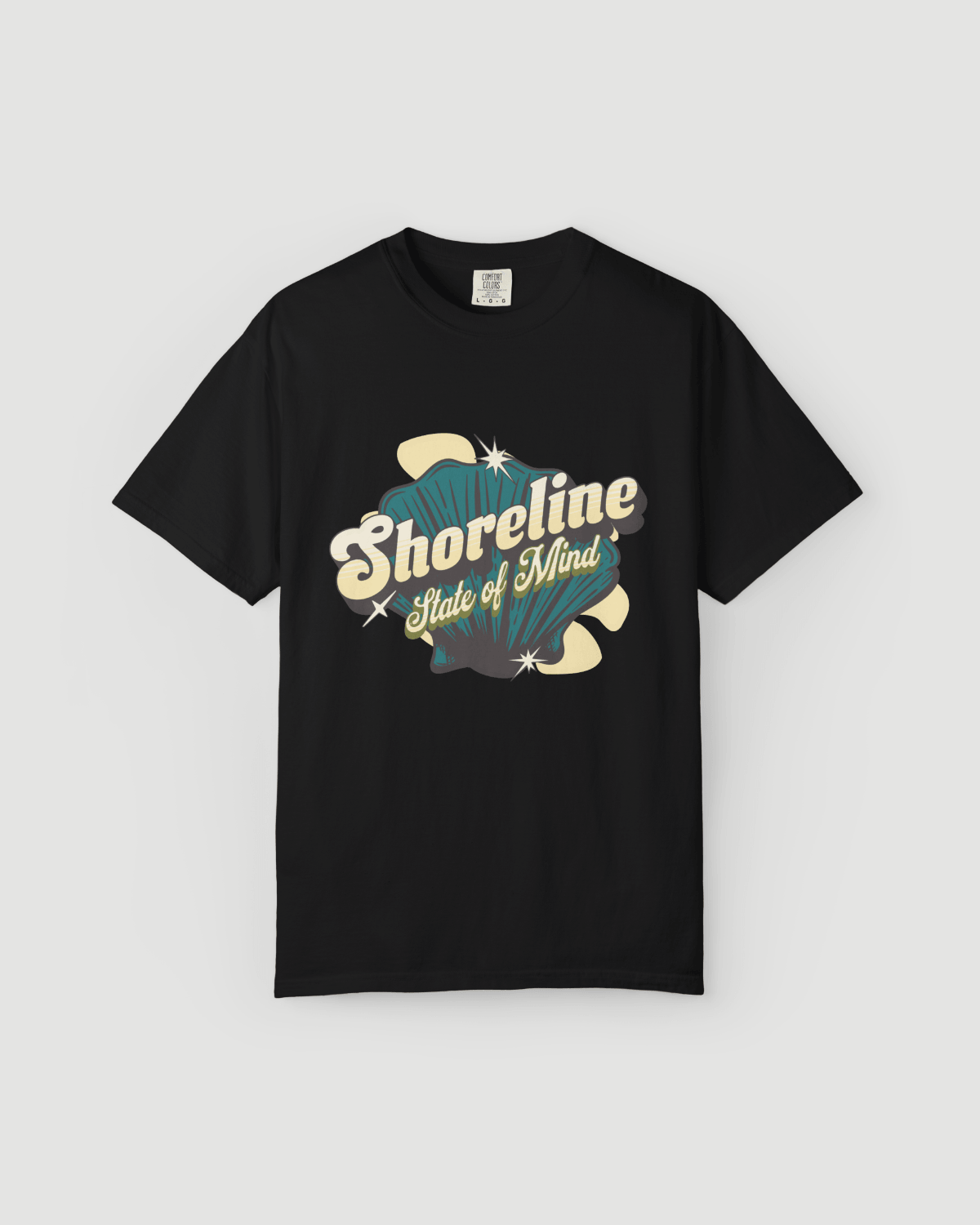 Shoreline State of Mind Tee – Black featuring vintage seashell graphic in deep teal and cream.