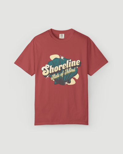 Shoreline State of Mind Tee – Crimson featuring a vintage seashell graphic on a crimson shirt.