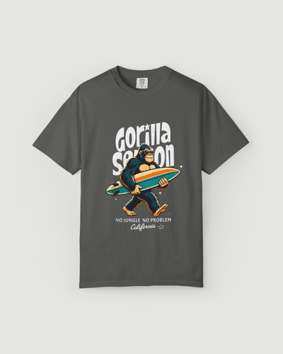 Gorilla Season Surf Tee – Pepper featuring a laid-back gorilla with a surfboard and bold California graphic.