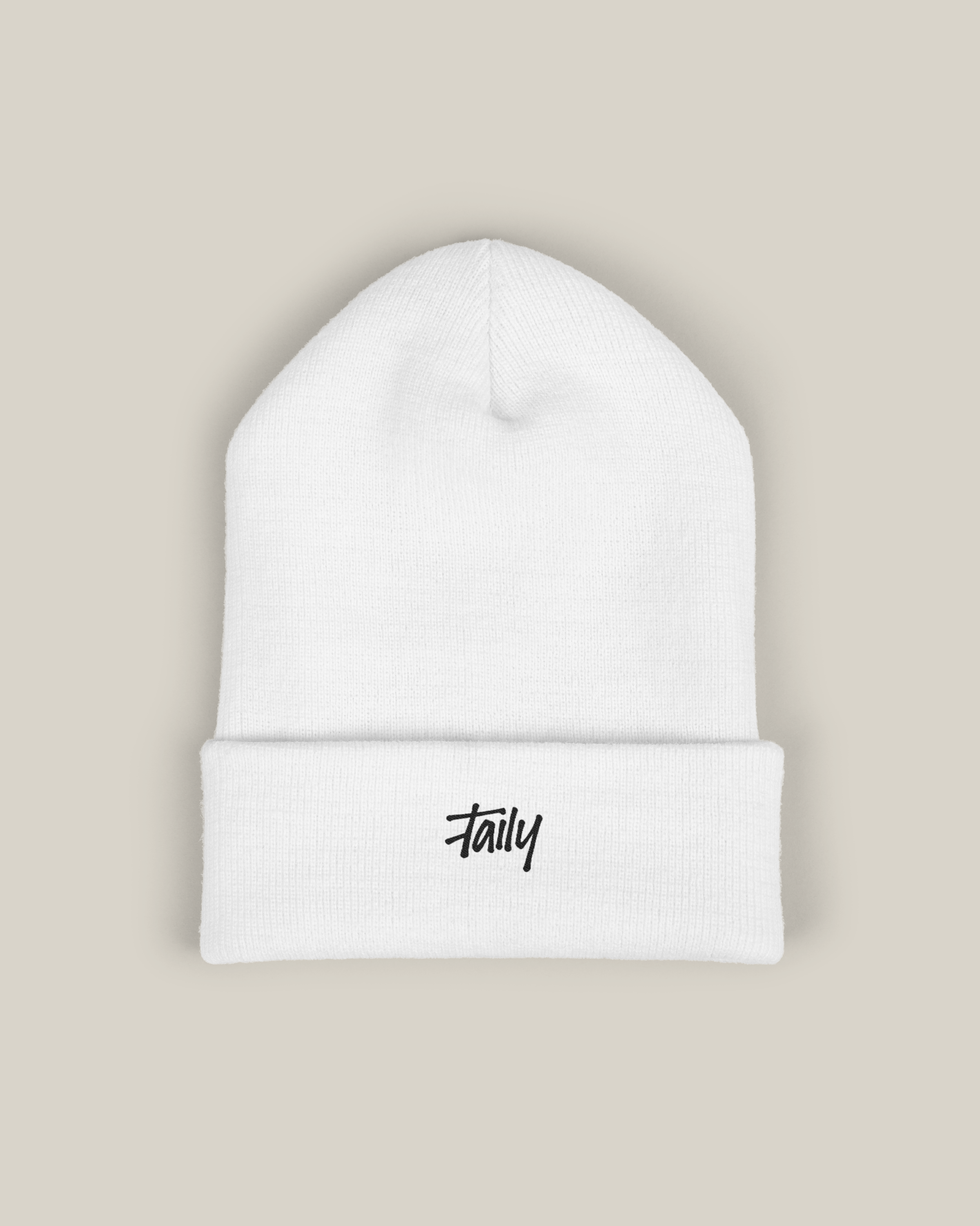 Taily embroidered beanie in classic white, featuring refined script embroidery and ribbed knit design.