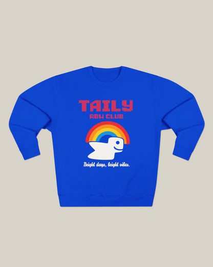 Taily RBW Club sweatshirt in royal blue featuring a colorful rainbow graphic and cheerful design.
