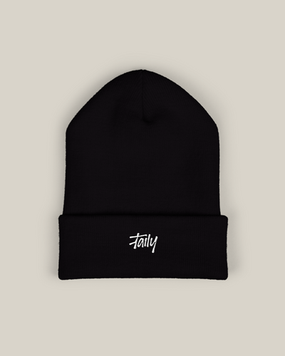 Taily embroidered beanie in classic black with subtle script logo, ideal for streetwear style.