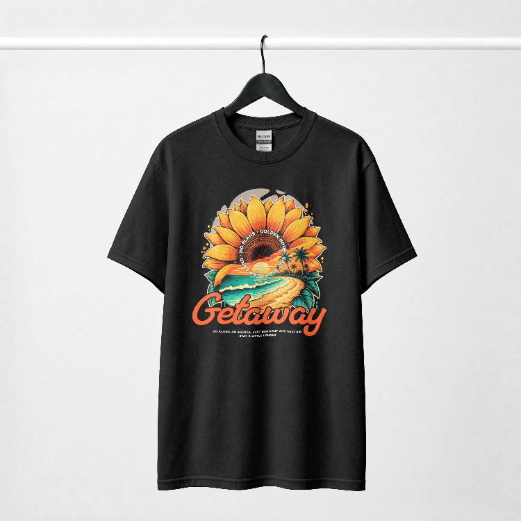 Getaway Sunflower Beach Tee – Black featuring a vibrant sunflower and coastal road design.