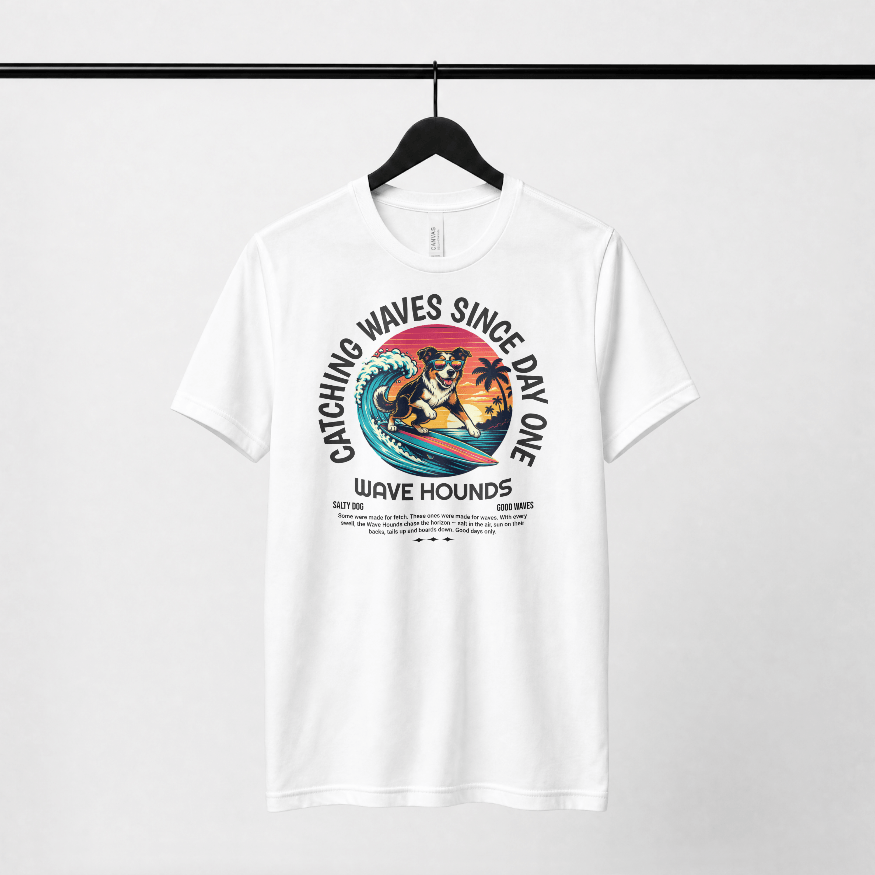 Wave Hounds Surf Tee – White featuring retro surf graphic, perfect for beach days and summer fun.