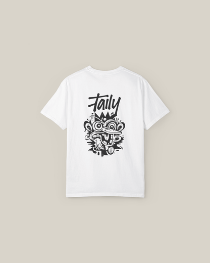 White Taily Totem Power Tee featuring bold totem artwork on the back, stylish streetwear graphic t-shirt.