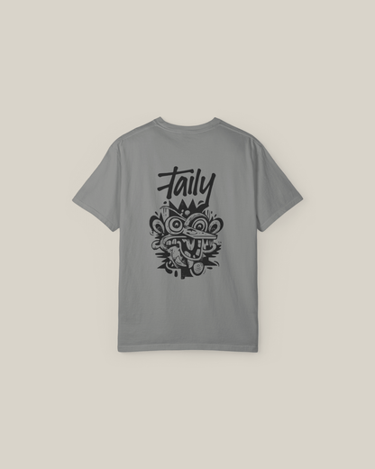 Taily Totem Power Tee in granite featuring bold totem artwork and logo on the back.