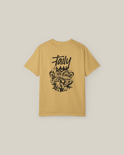 Mustard Taily Totem Power Tee featuring bold totem artwork on the back, perfect for streetwear style and comfort.