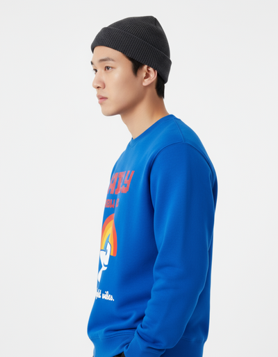 Model wearing Taily RBW Club sweatshirt in royal blue, showcasing the vibrant design and bold rainbow graphic.