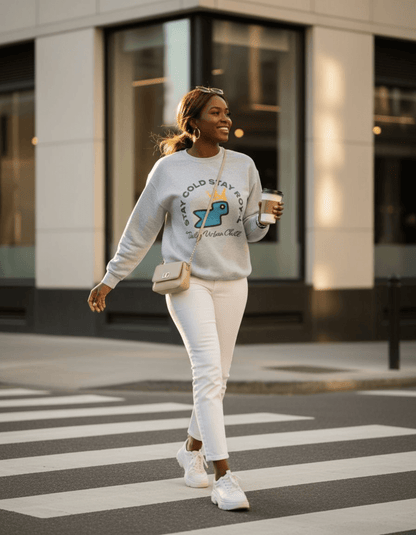 Woman in grey Taily Bird Stay Cold Stay Royal Streetwear Graphic Sweatshirt walking with coffee on urban street.