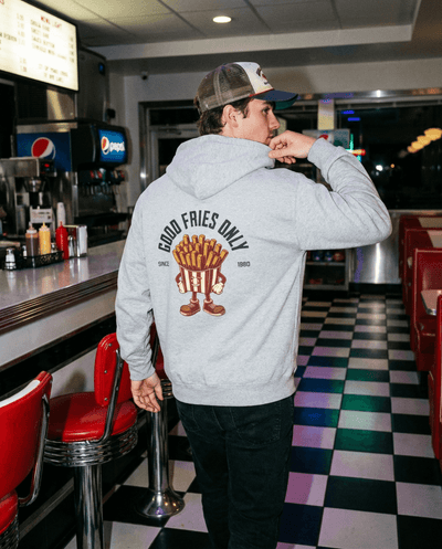 Good Fries Only Retro French Fries Hoodie – Sport Grey featuring a retro fries graphic on the back.