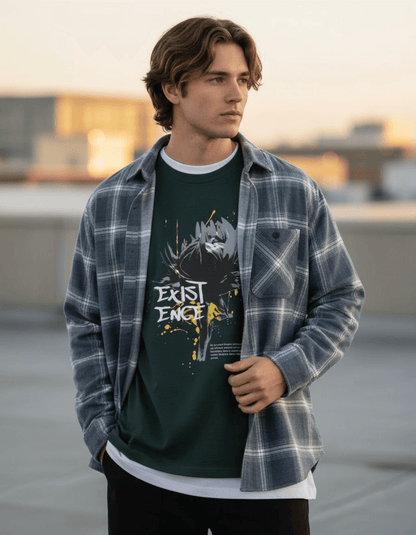 Model wearing Taily "Existence" Streetwear Oversized T-Shirt in pine green, showcasing bold artwork and streetwear style.