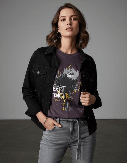 Model wearing Taily “Existence” Streetwear Oversized T-Shirt in plum with abstract artwork and denim jacket.