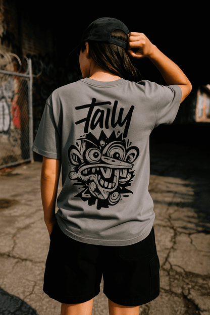 Person wearing Taily Totem Power Tee in granite with bold totem artwork on the back.