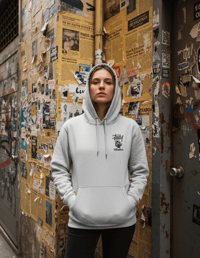 Woman wearing Taily Wonders Vintage Graphic Hoodie – Grey in an urban setting with graffiti and posters.