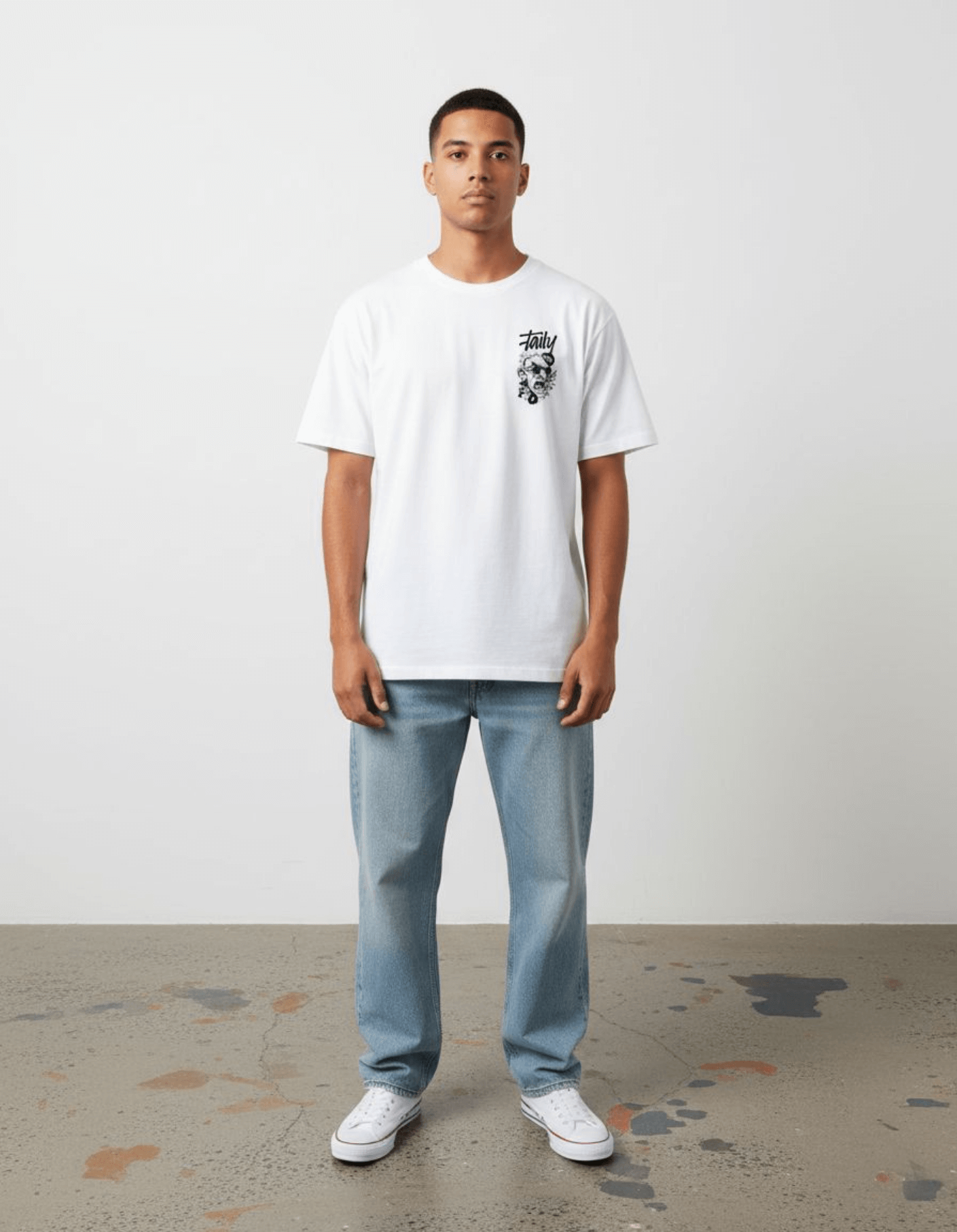 Model wearing Taily Rage streetwear graphic t-shirt in white with clean chest logo.