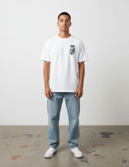 Model wearing Taily Rage streetwear graphic t-shirt in white with clean chest logo.