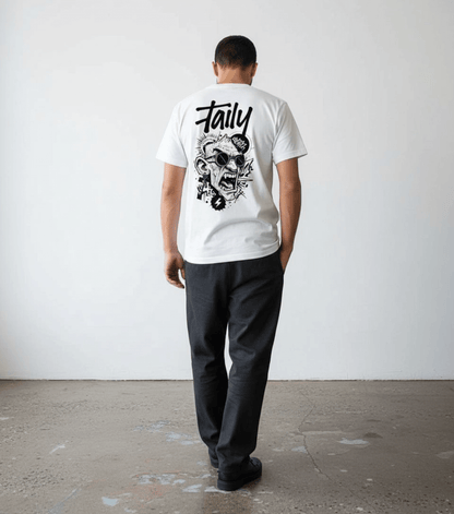 Taily Rage streetwear graphic t-shirt in white, featuring bold back graphic and logo, perfect for casual wear.