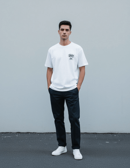 Model wearing Taily Feel It Real Boxy Tee – White, a streetwear boxy t-shirt with logo, paired with dark pants.