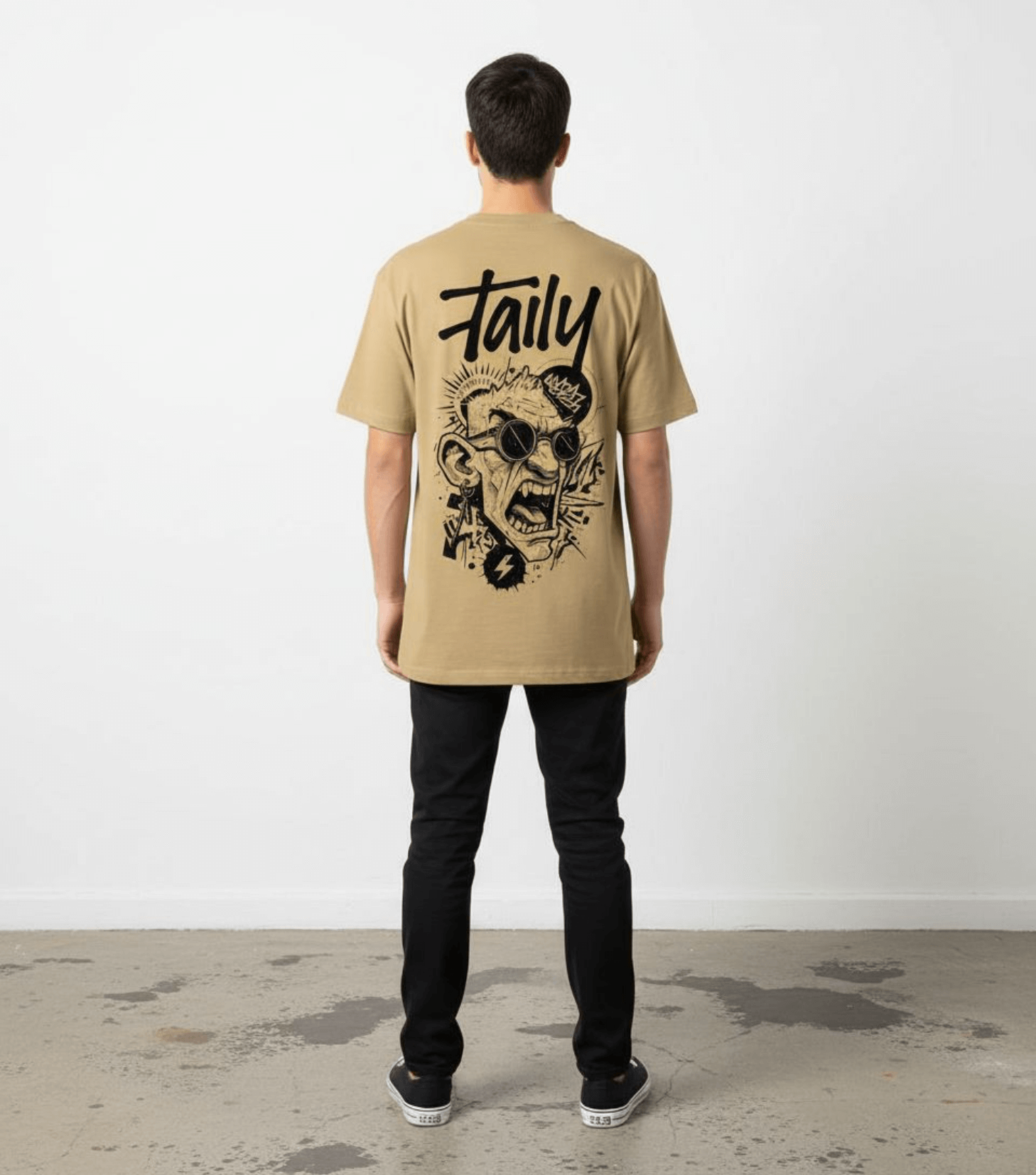 Taily Rage streetwear graphic t-shirt in mustard color, featuring bold back graphic and clean chest logo.