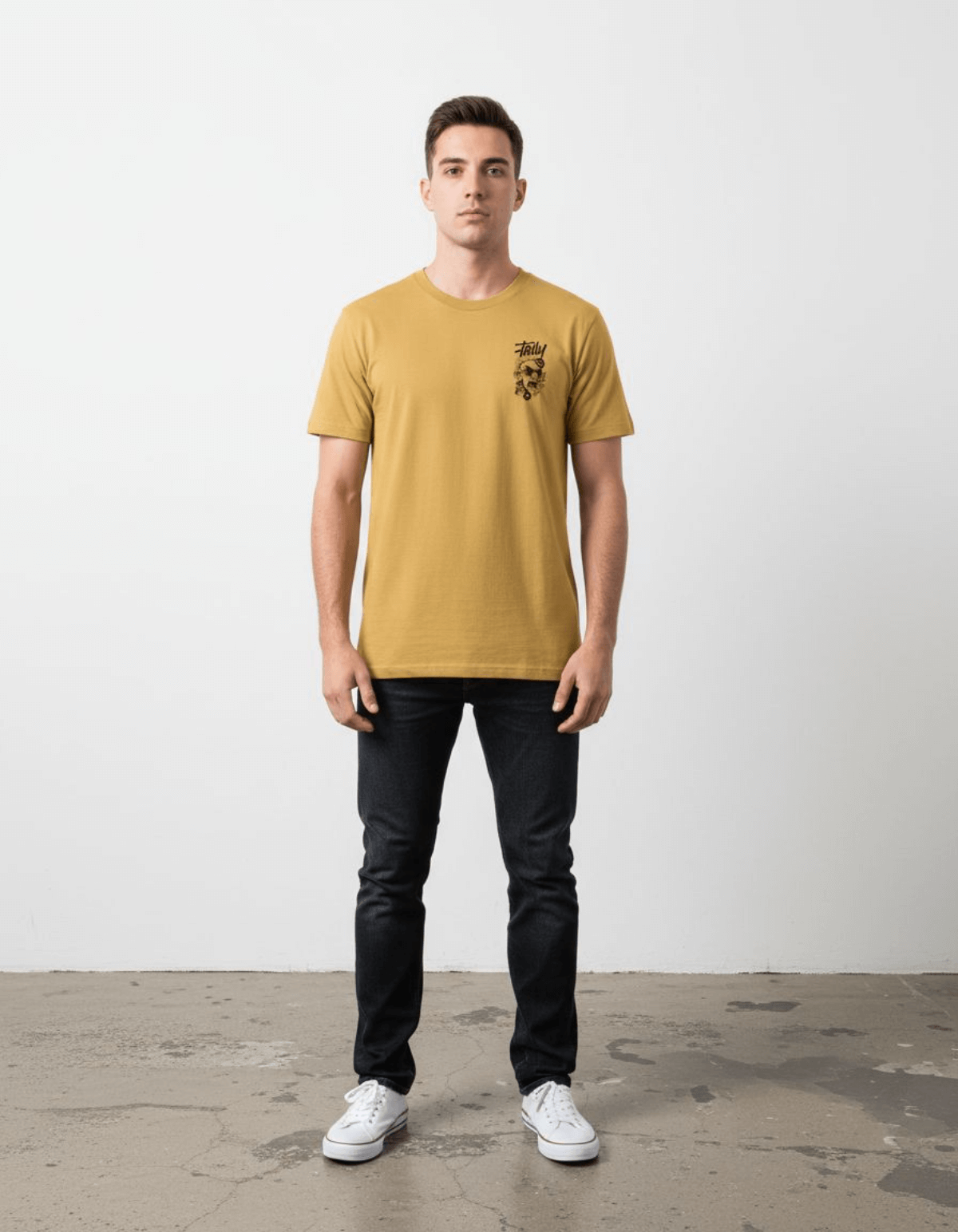 Model wearing Taily Rage Streetwear Tee in mustard colorway, featuring streetwear graphic t-shirt design.