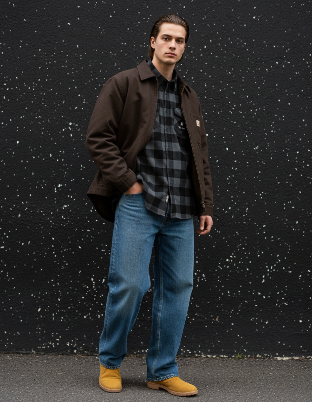 Taily Coffee flannel shirt in Charcoal Heather worn by a model, styled with blue jeans and a brown jacket.
