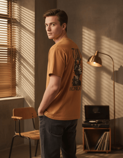 Model wearing Taily Wonders vintage boxy t-shirt in toast, showcasing floral and butterfly design on back.