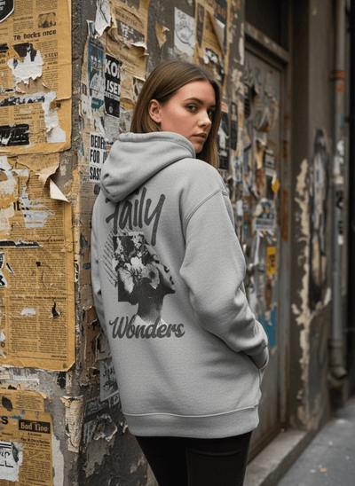 Model wearing Taily Wonders Vintage Graphic Hoodie – Grey, showcasing a stylish design and premium fleece comfort.