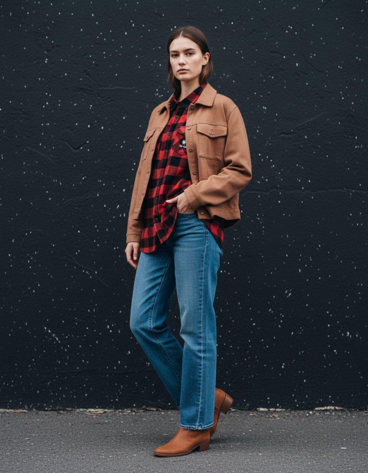 Model wearing Taily Coffee flannel shirt in Red with a brown jacket and jeans against a textured black wall.