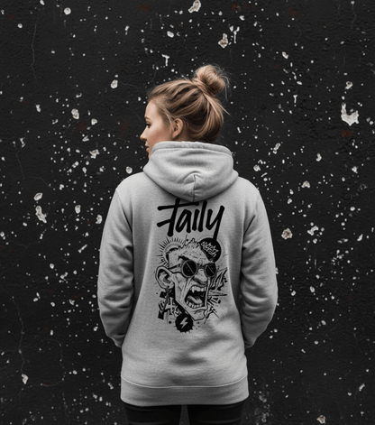 Taily Rage streetwear graphic hoodie in grey with bold back artwork and stylish front logo.