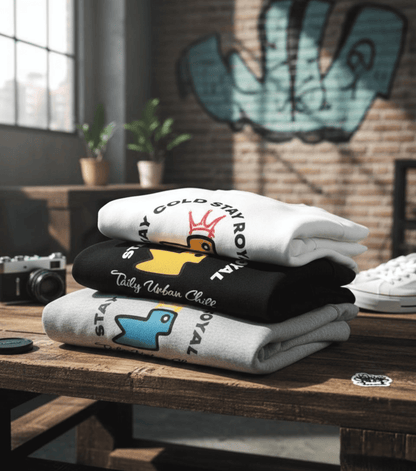 Taily Bird Stay Cold Stay Royal Streetwear Graphic Sweatshirt stacked on a table with urban backdrop.
