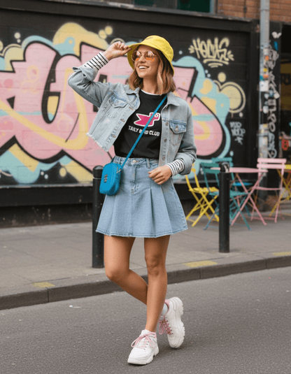 Model wearing Taily Bird Club Streetwear Boxy T-Shirt in black with yellow hat and denim skirt.