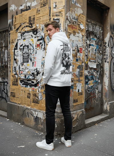 Man wearing a Taily Wonders vintage graphic hoodie against a graffiti-covered wall.
